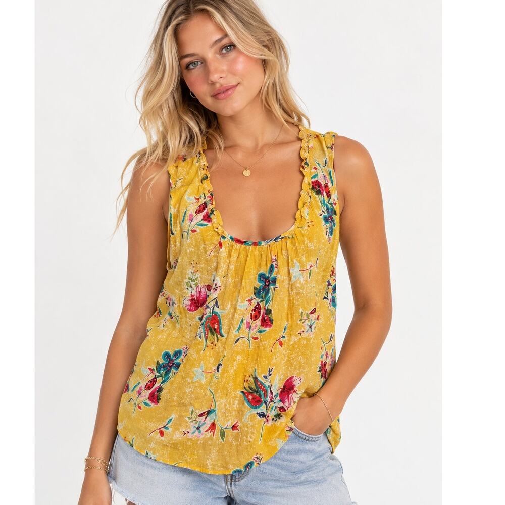Hester & Orchard Floral Tank Womens XL Marigold Yellow Cotton Flowy Boho Top